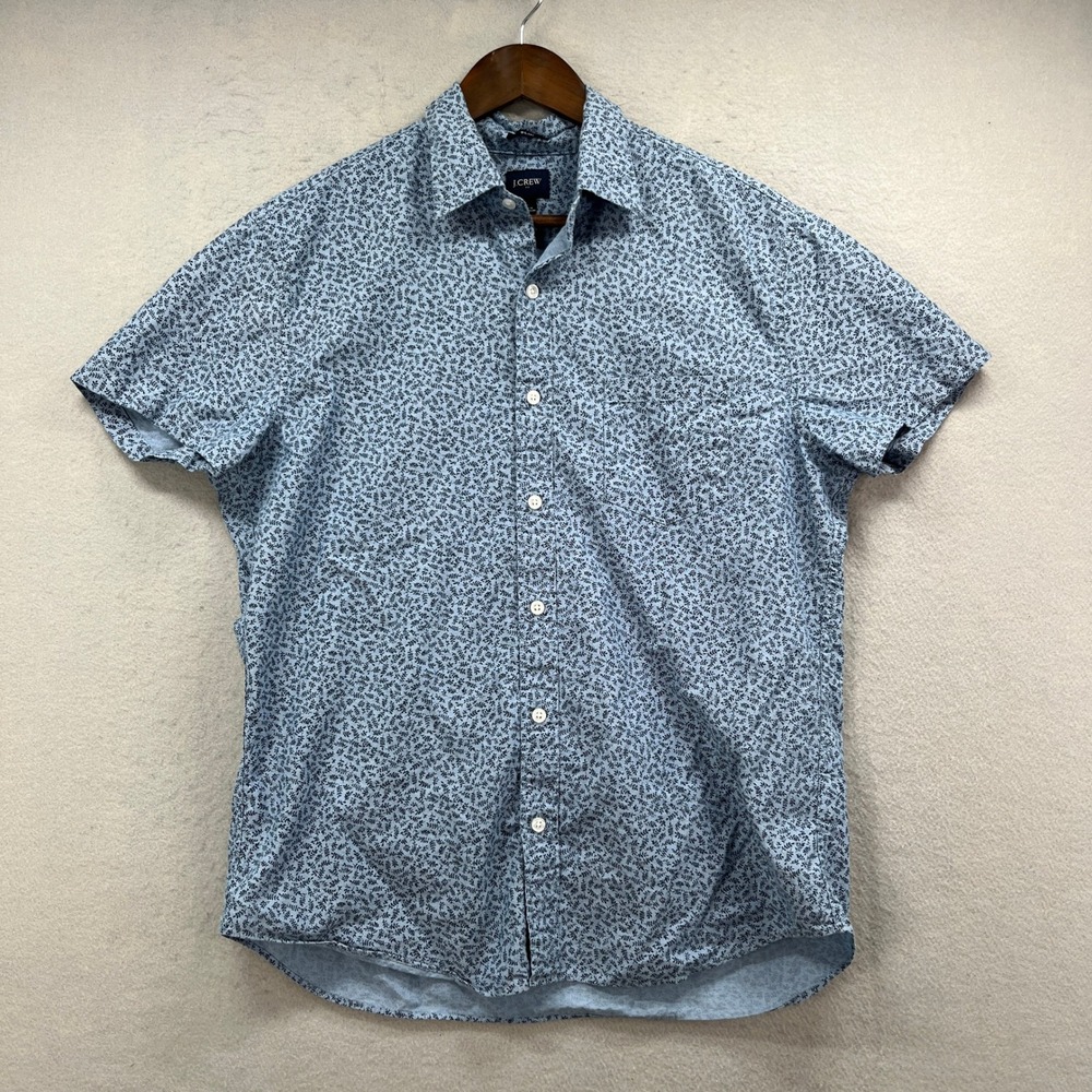 J.Crew Shirt Mens L Blue Floral Leaf Print‎ Slim Short Sleeve Button Up Casual